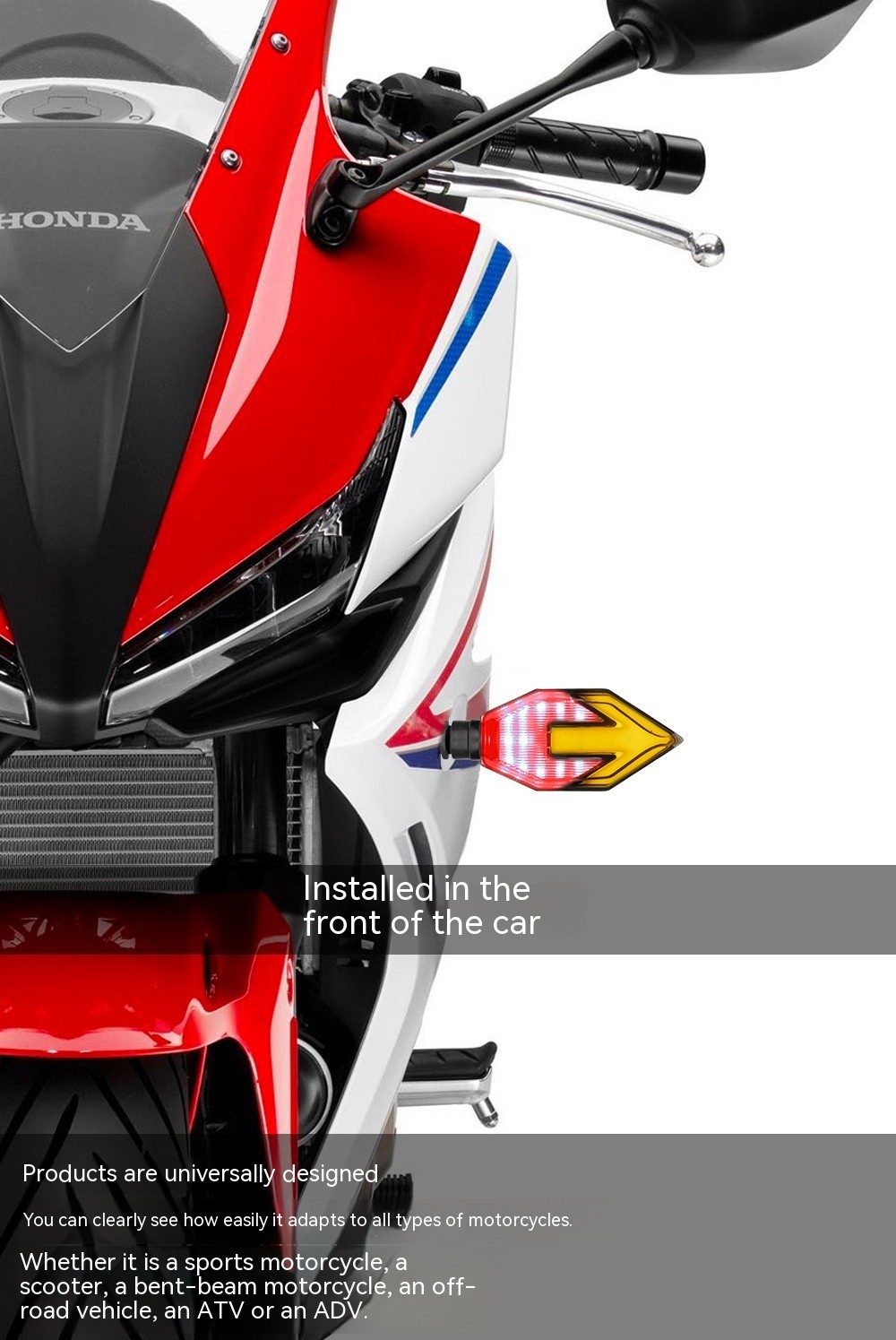 Guía de luz LED bicolor con forma de flecha para motocicleta, luz de circulación diurna con señal de giro