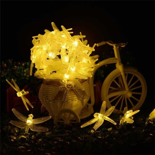 Tira de luces LED solares para exteriores, 5 m, 20 luces LED con diseño de libélula, IP65, impermeable, para jardín, decoración de fiestas navideñas