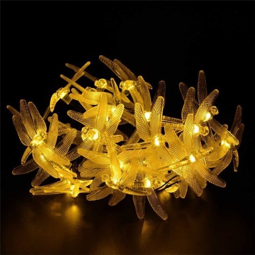 Tira de luces LED solares para exteriores, 5 m, 20 luces LED con diseño de libélula, IP65, impermeable, para jardín, decoración de fiestas navideñas