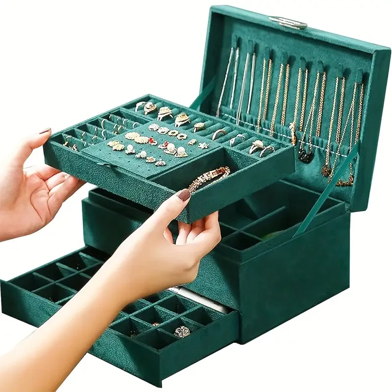 Caja de almacenamiento de joyas de lujo verde oscuro