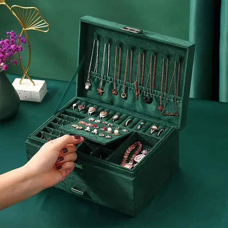 Caja de almacenamiento de joyas de lujo verde oscuro