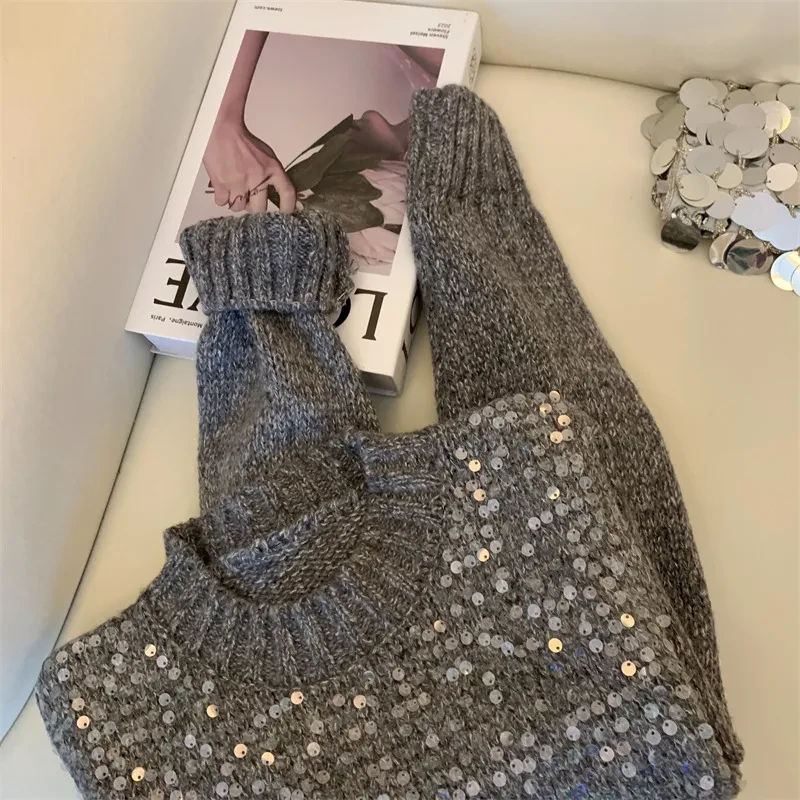 Top de punto con lentejuelas y bordado intenso de cuello redondo para mujer, otoño e invierno