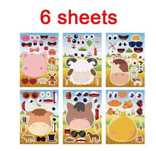 6/24 hojas de pegatinas de animales de granja para hacer caras de niños, pegatinas para armar rasgos faciales, juguetes educativos para niños y niñas, regalos