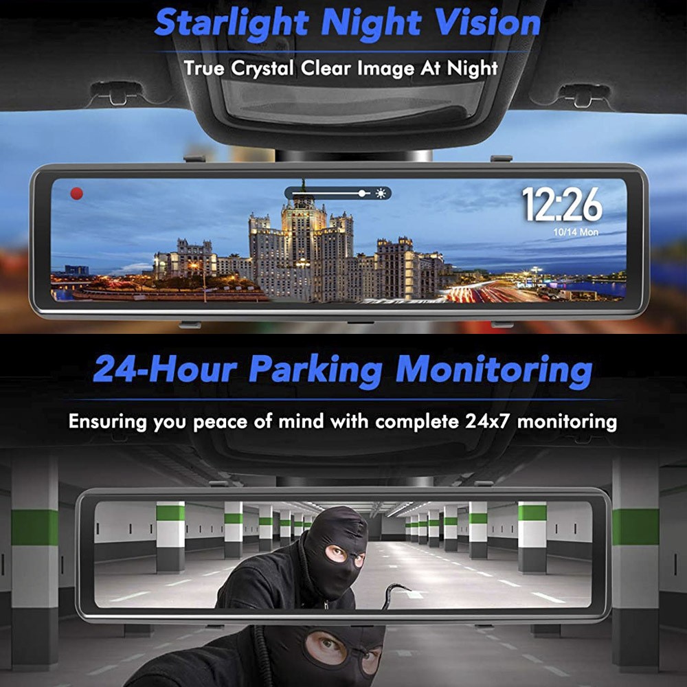 DVR para coche con transmisión multimedia, grabación en bucle, lente frontal y trasera, 1080P2K, pantalla LCD de 12 pulgadas, visión nocturna negra, pantalla táctil completa