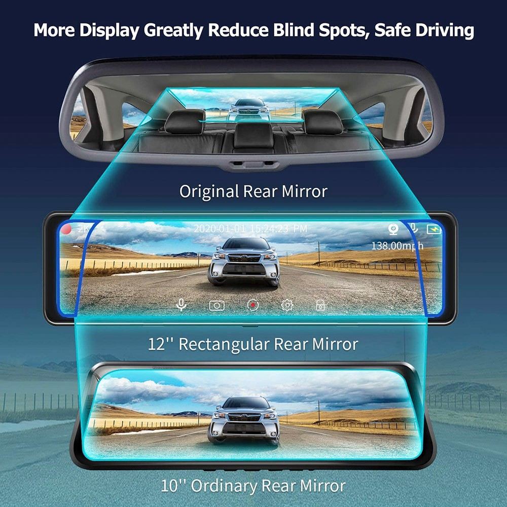 DVR para coche con transmisión multimedia, grabación en bucle, lente frontal y trasera, 1080P2K, pantalla LCD de 12 pulgadas, visión nocturna negra, pantalla táctil completa