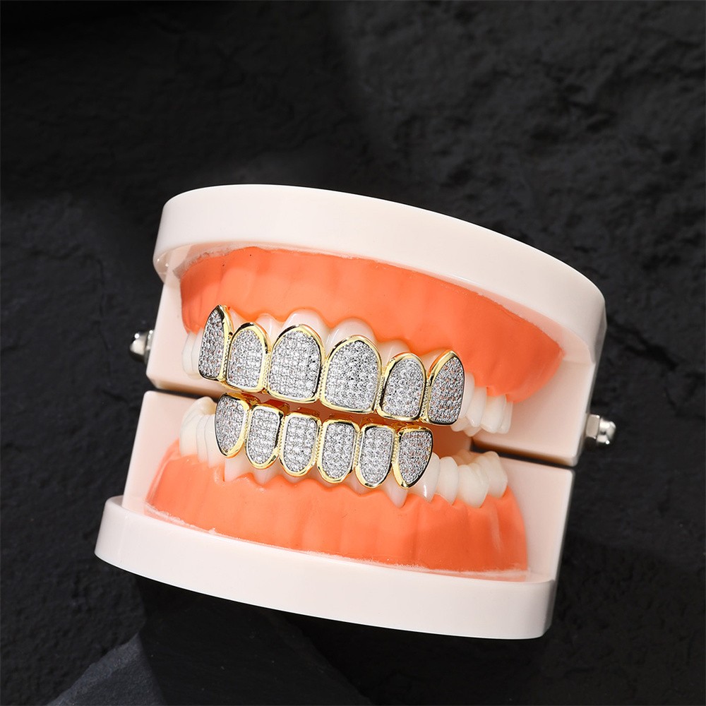 Juego de parrillas dentales Feel Style Cool para dientes unisex con piedra de circonita cúbica en la parte superior e inferior.