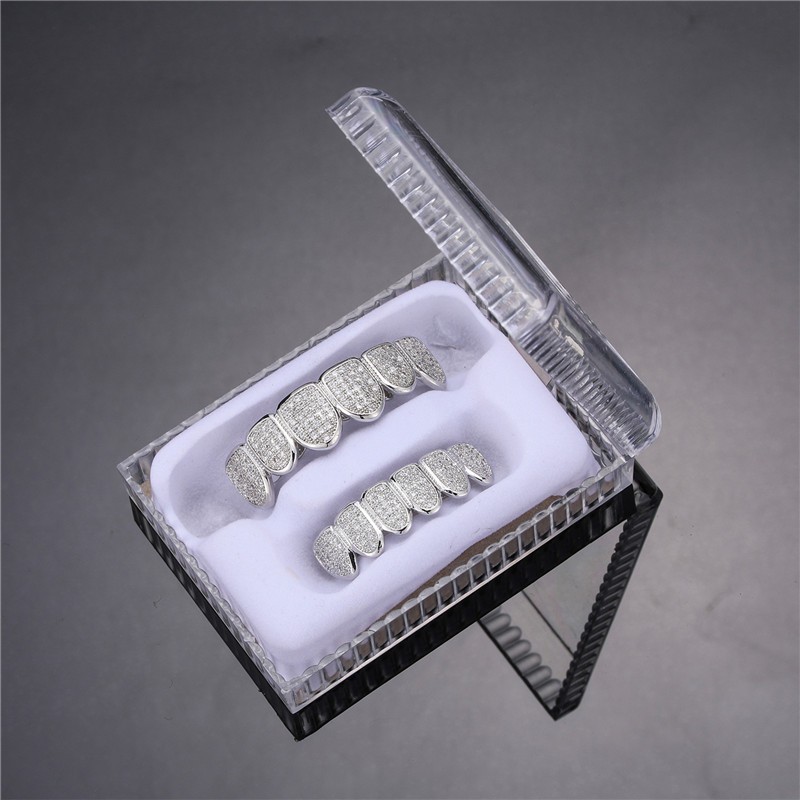 Juego de parrillas dentales Feel Style Cool para dientes unisex con piedra de circonita cúbica en la parte superior e inferior.
