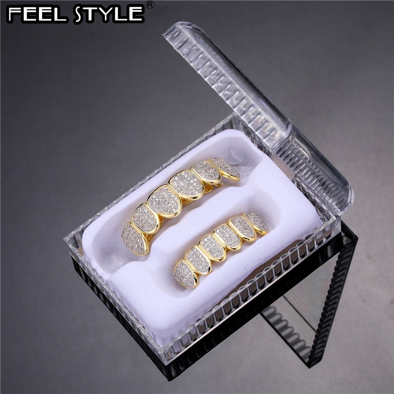 Juego de parrillas dentales Feel Style Cool para dientes unisex con piedra de circonita cúbica en la parte superior e inferior.