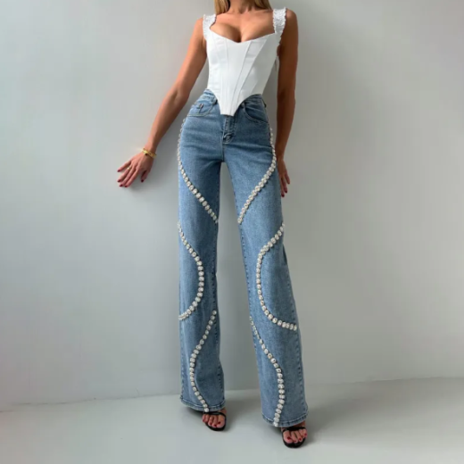 Vaqueros rectos y holgados, pantalones casuales de moda con diseño de mezclilla con efecto piedra del Rin, adecuados para mujeres.