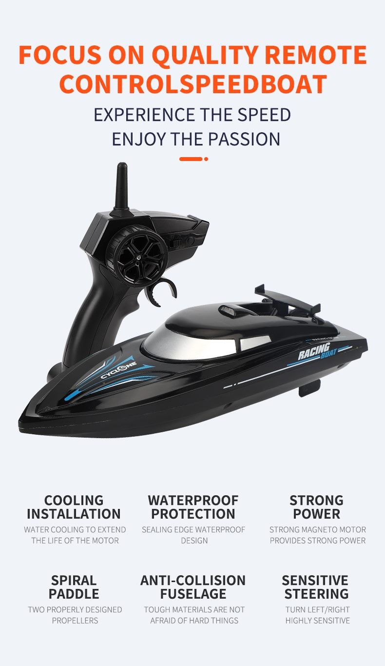 Barco RC, Barco remoto de larga duración de 2.4 GB, Recargable, Negro