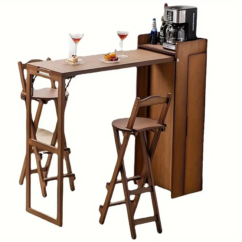 Taburete de bar portátil de bambú con respaldo y pedal
