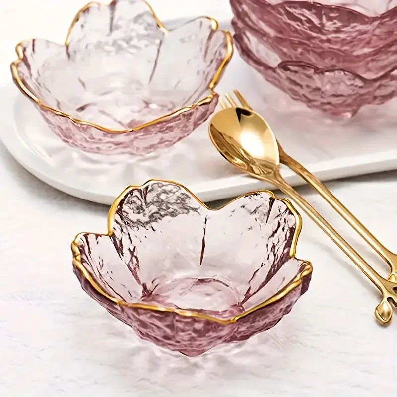 6 platos de salsa de cristal con diseño de flor de cerezo y borde dorado