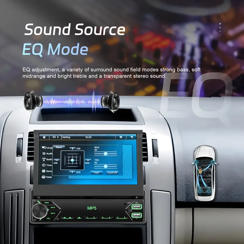 Radio para coche con monitor retráctil manual, 1DIN, 17,78 cm, HD EQ, estéreo universal MP5