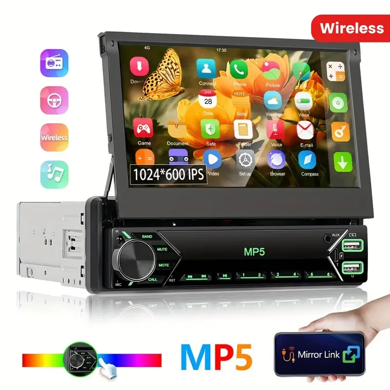 Radio para coche con monitor retráctil manual, 1DIN, 17,78 cm, HD EQ, estéreo universal MP5