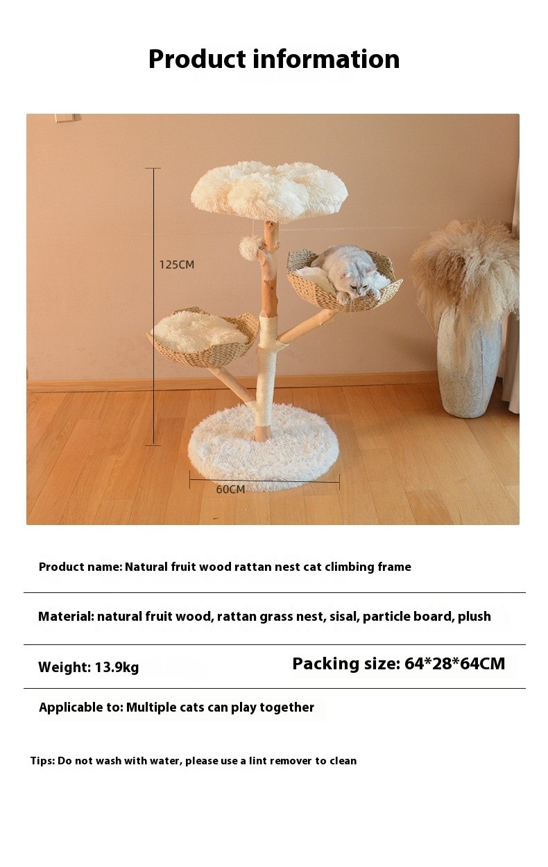 Árbol de frutas natural para gatos, estructura de escalada de madera maciza de ratán, nido para gatos, árbol para gatos