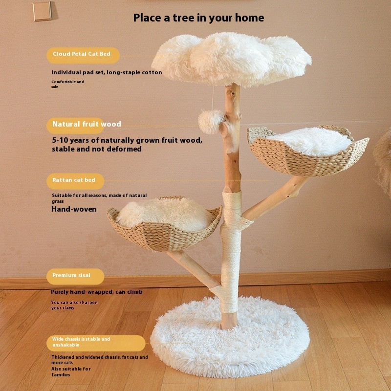 Árbol de frutas natural para gatos, estructura de escalada de madera maciza de ratán, nido para gatos, árbol para gatos