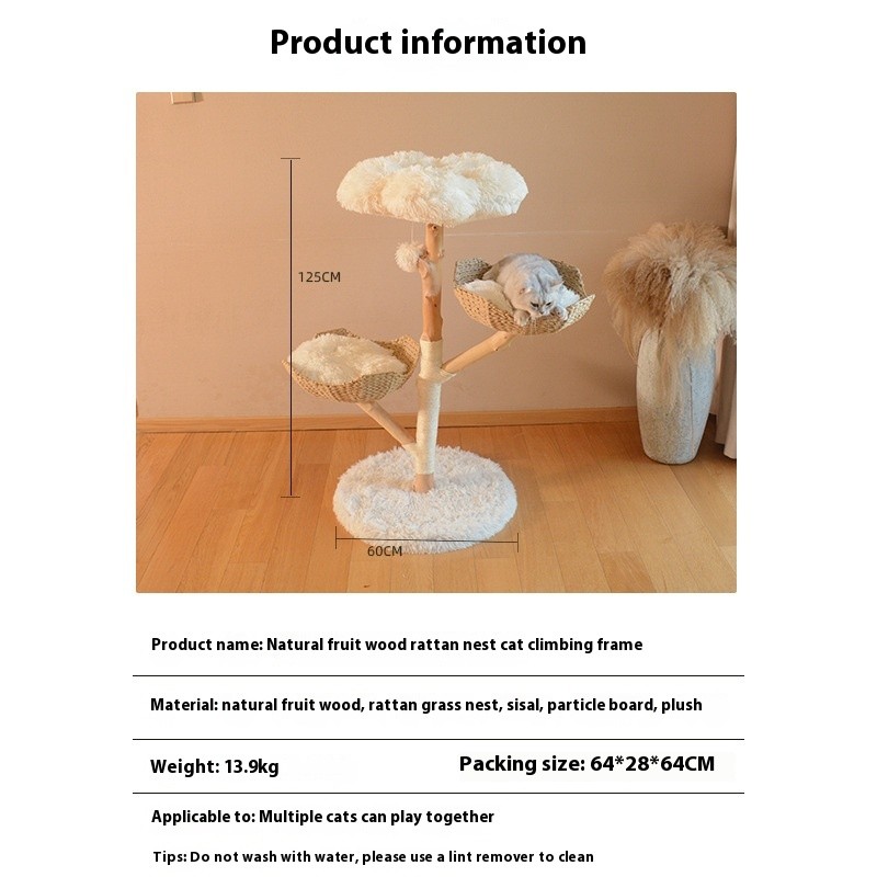 Árbol de frutas natural para gatos, estructura de escalada de madera maciza de ratán, nido para gatos, árbol para gatos