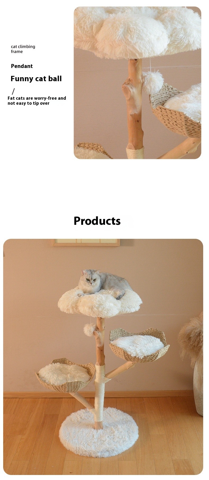Árbol de frutas natural para gatos, estructura de escalada de madera maciza de ratán, nido para gatos, árbol para gatos