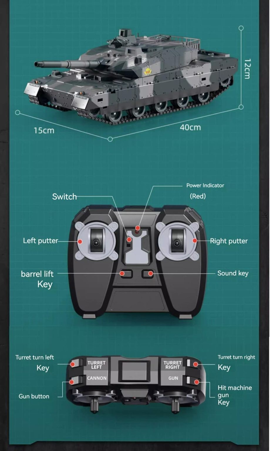 Tanque, Tanque RC, Tanque de Control Remoto, 12 canales, Verde Ejército.