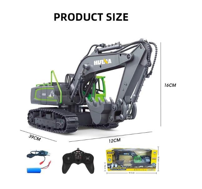 Excavadora RC Digger, HUINA 1558, 2.4G, 1:18, Aleación, Recargable, 11CH.