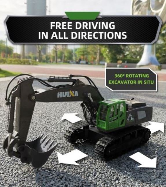 Excavadora RC Digger, HUINA 1558, 2.4G, 1:18, Aleación, Recargable, 11CH.