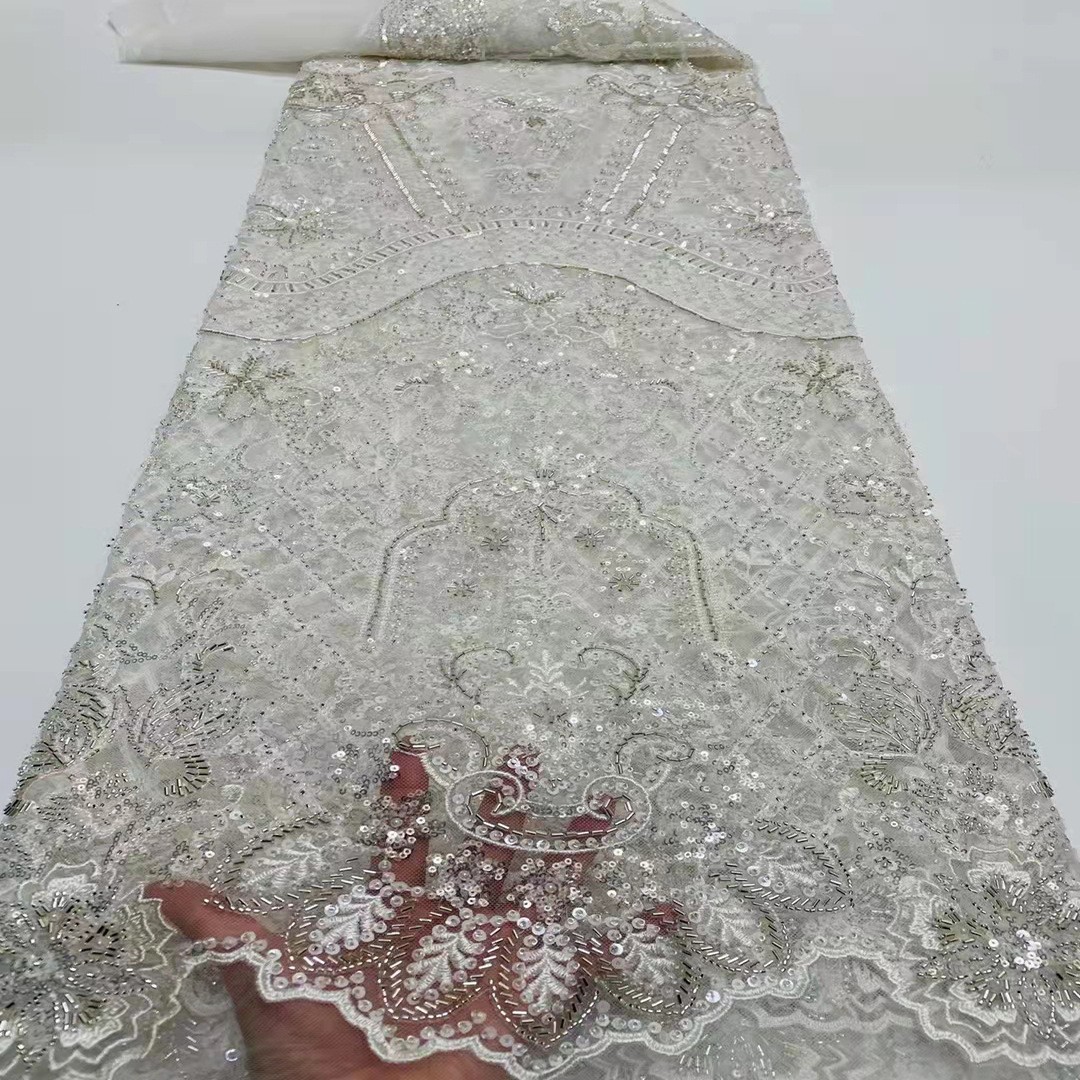 Tela de encaje de tul con cuentas para bordado industrial pesado