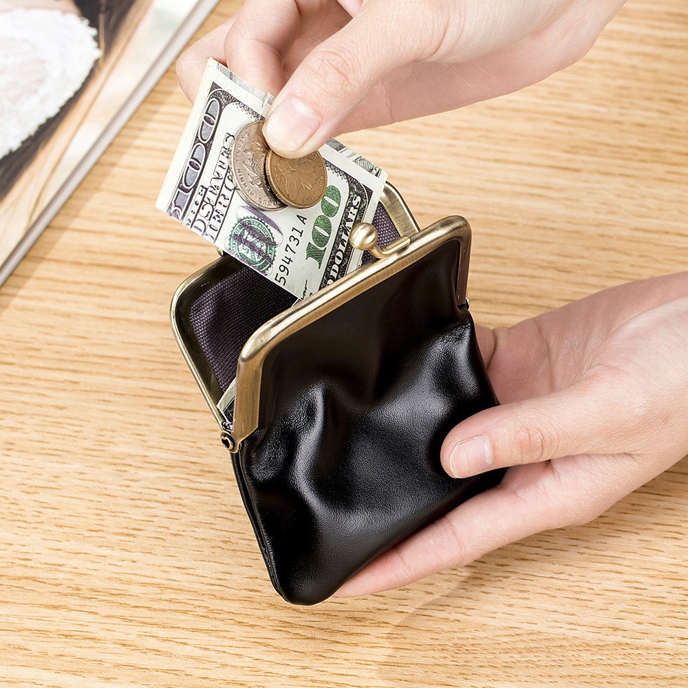 Monedero compacto retro con clip de piel de vaca encerada con aceite de primera capa