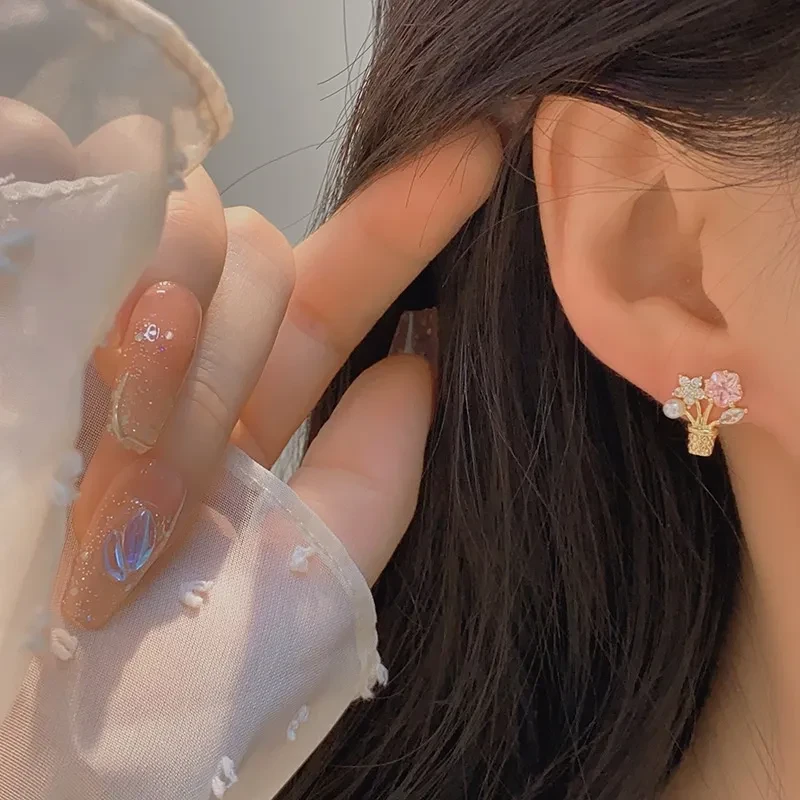 Pendientes de botón con forma de flor de circonita en maceta, sin perforar, con espiral antimosquitos para mujer