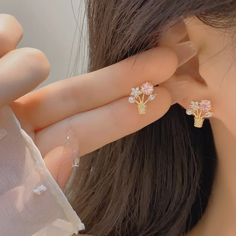 Pendientes de botón con forma de flor de circonita en maceta, sin perforar, con espiral antimosquitos para mujer