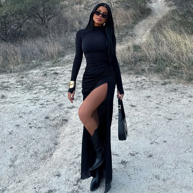 Vestido plisado con abertura y corte entallado para mujer