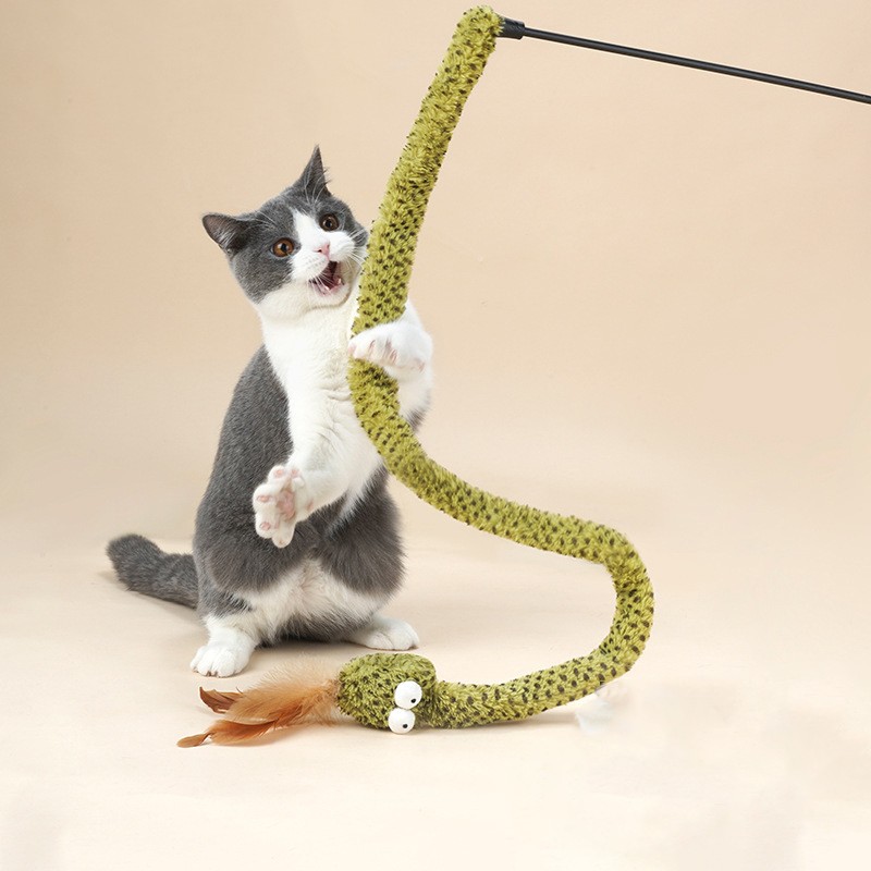 Palo de juguete para gatos con forma de serpiente, juguete para gatos, artefacto para gatos, suministros para gatos, auto-golpe para aliviar el aburrimiento, palo largo con plumas