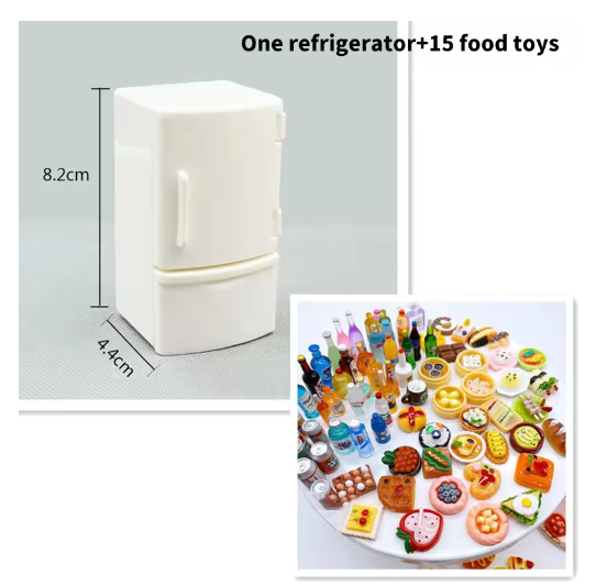 Mini casa de muñecas a escala 1/12, refrigerador blanco con juego de comida, juguetes de cocina, muebles en miniatura, decoraciones para refrigerador, regalo para niños