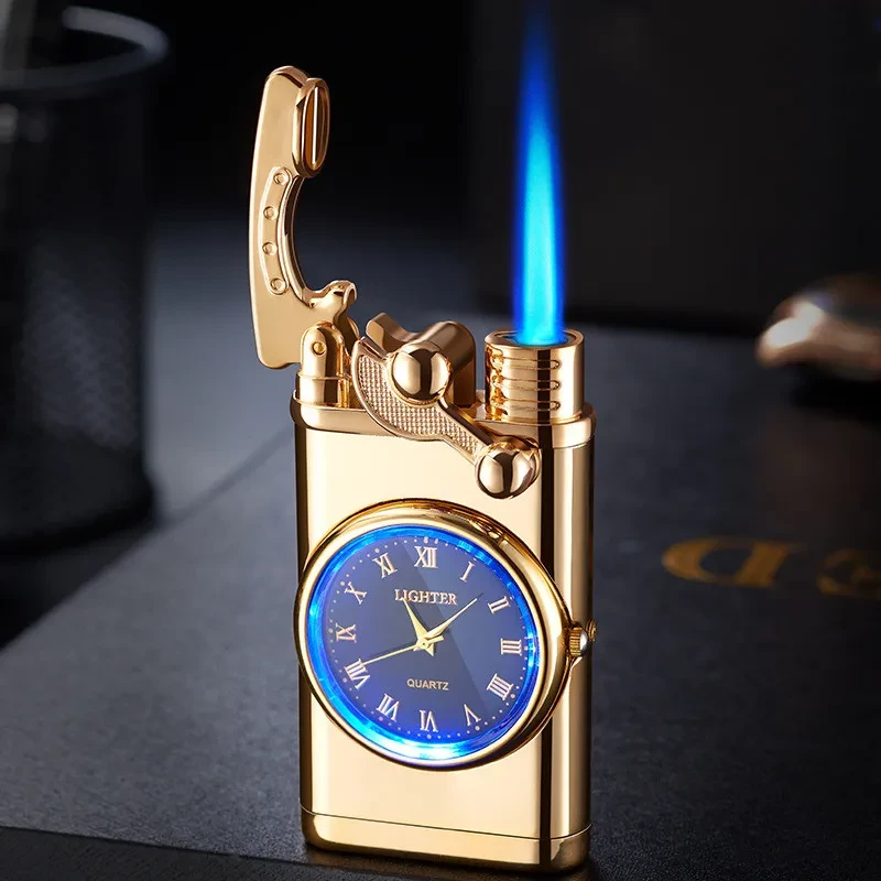 Encendedor con reloj eléctrico, balancín, encendido automático, llama azul recta, esfera real, inflable, resistente al viento, regalo para hombre.