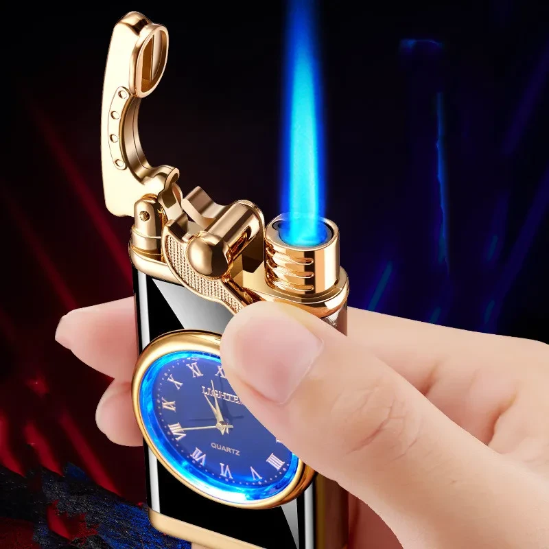 Encendedor con reloj eléctrico, balancín, encendido automático, llama azul recta, esfera real, inflable, resistente al viento, regalo para hombre.