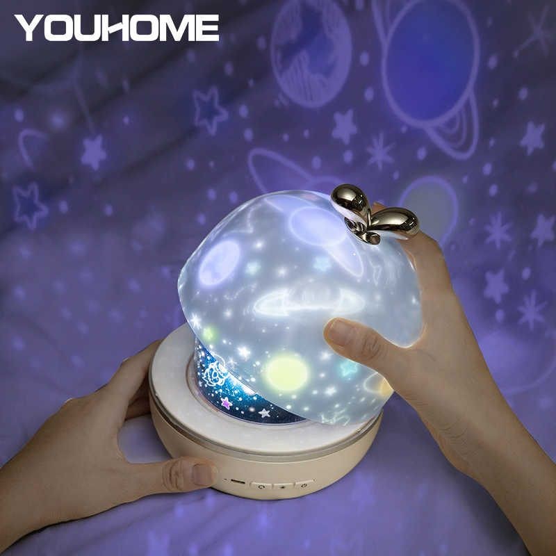 Proyector de luz recargable con rotación de 360° y 12 escenas con caja de música.