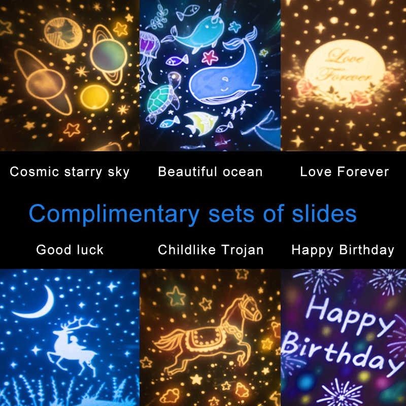 Proyector de luz recargable con rotación de 360° y 12 escenas con caja de música.