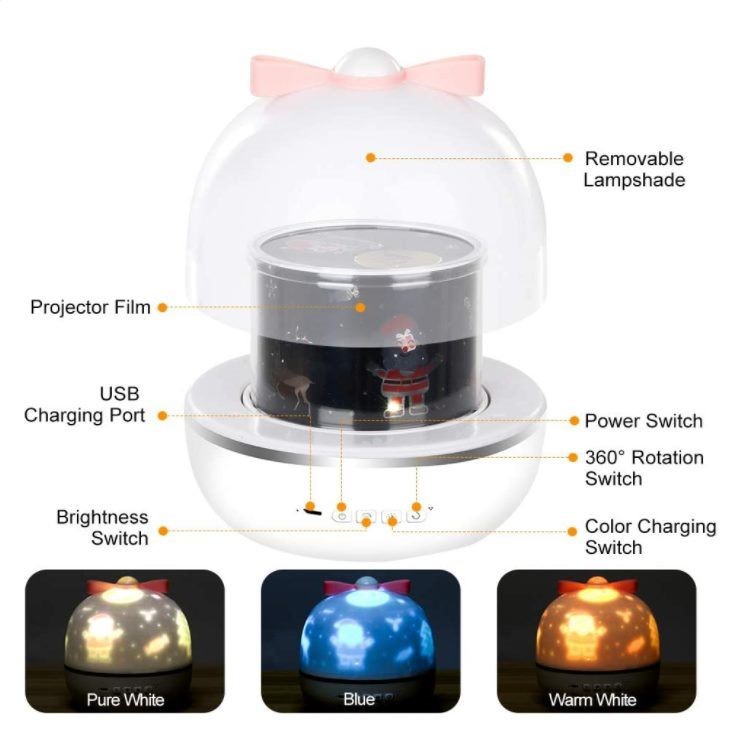 Proyector de luz recargable con rotación de 360° y 12 escenas con caja de música.