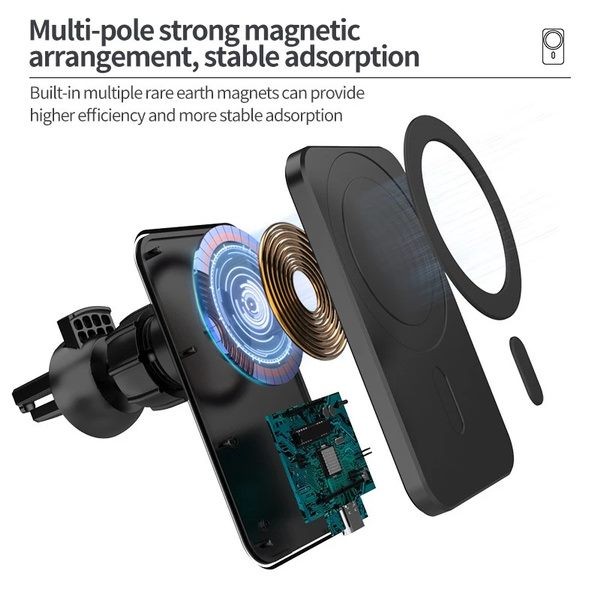 Cargador inalámbrico para coche Magsafe para iPhone 12, 13 y 14. Negro