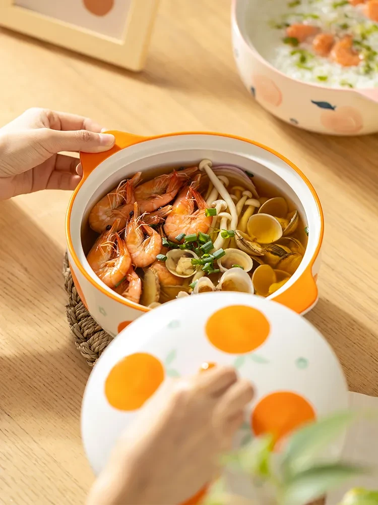 Tazón grande de cerámica para sopa con dos asas, antiescaldamiento, para fideos instantáneos