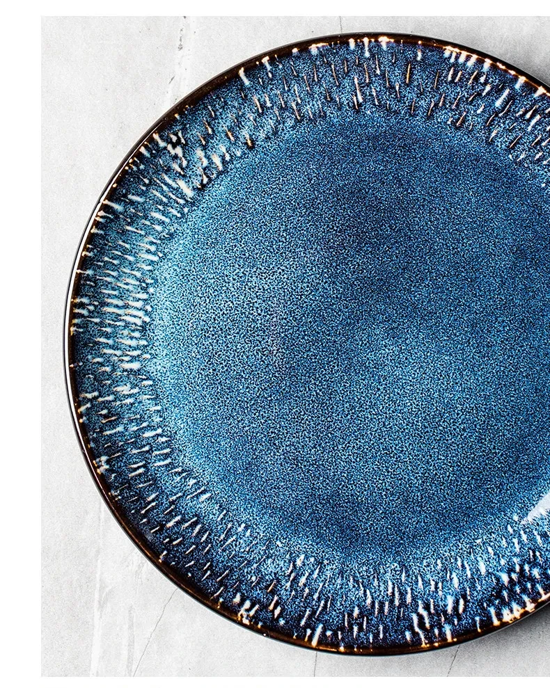 Plato redondo de cerámica creativo azul para el hogar