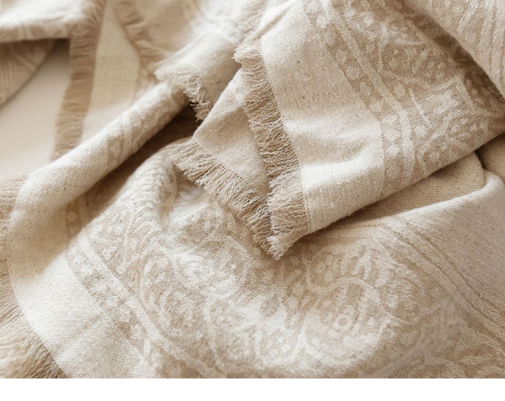 Manta de lino jacquard con borlas de fibra de bambú, algodón y rebabas, para sofá y mesa