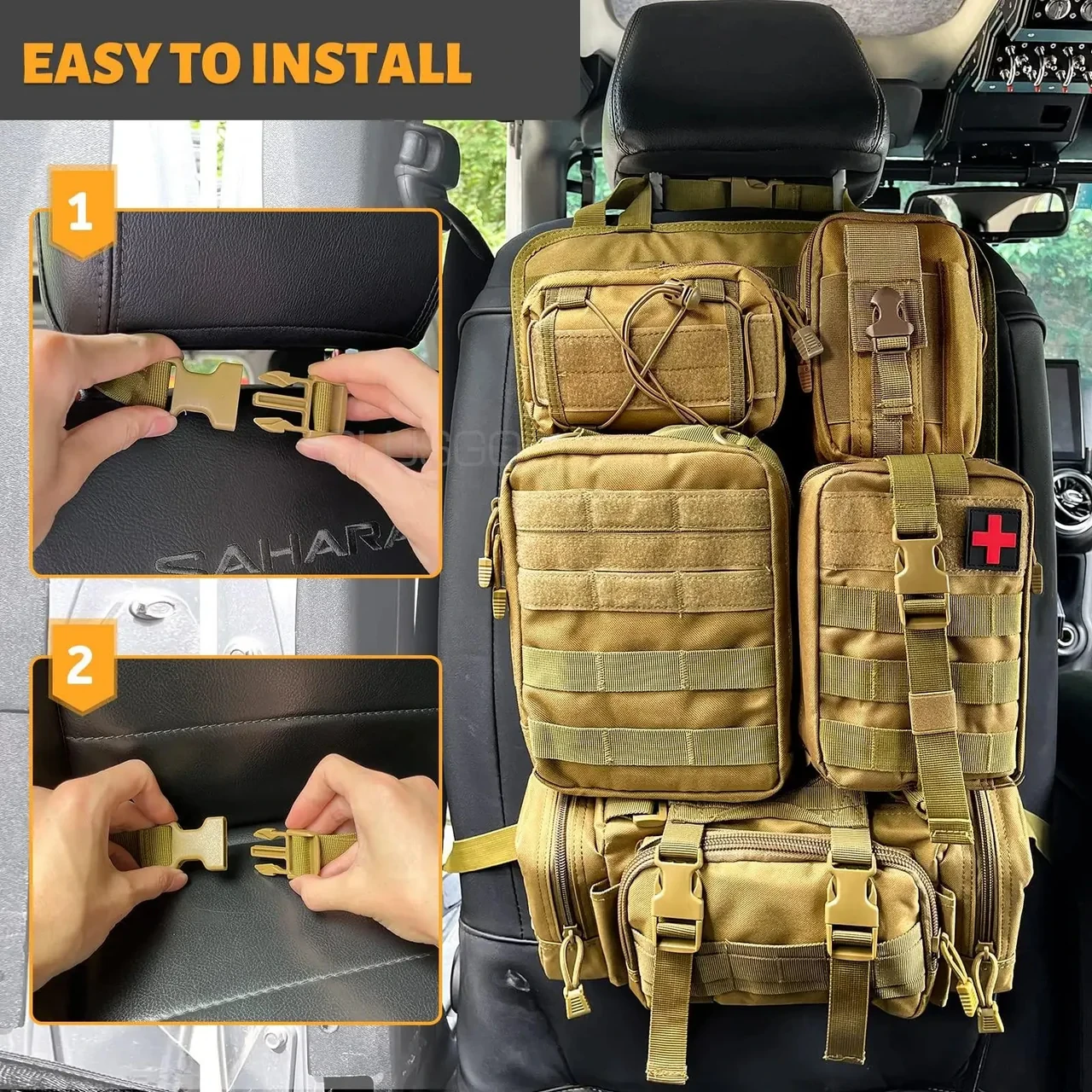 Organizador táctico para asiento trasero de coche + 5 bolsas Molle