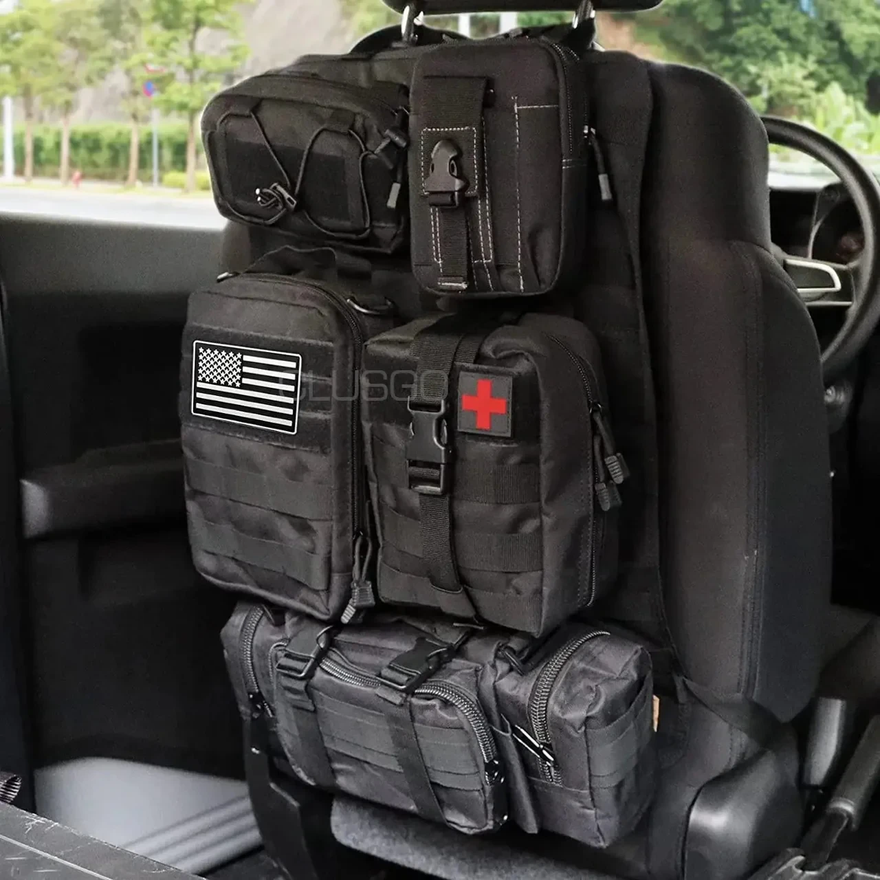 Organizador táctico para asiento trasero de coche + 5 bolsas Molle