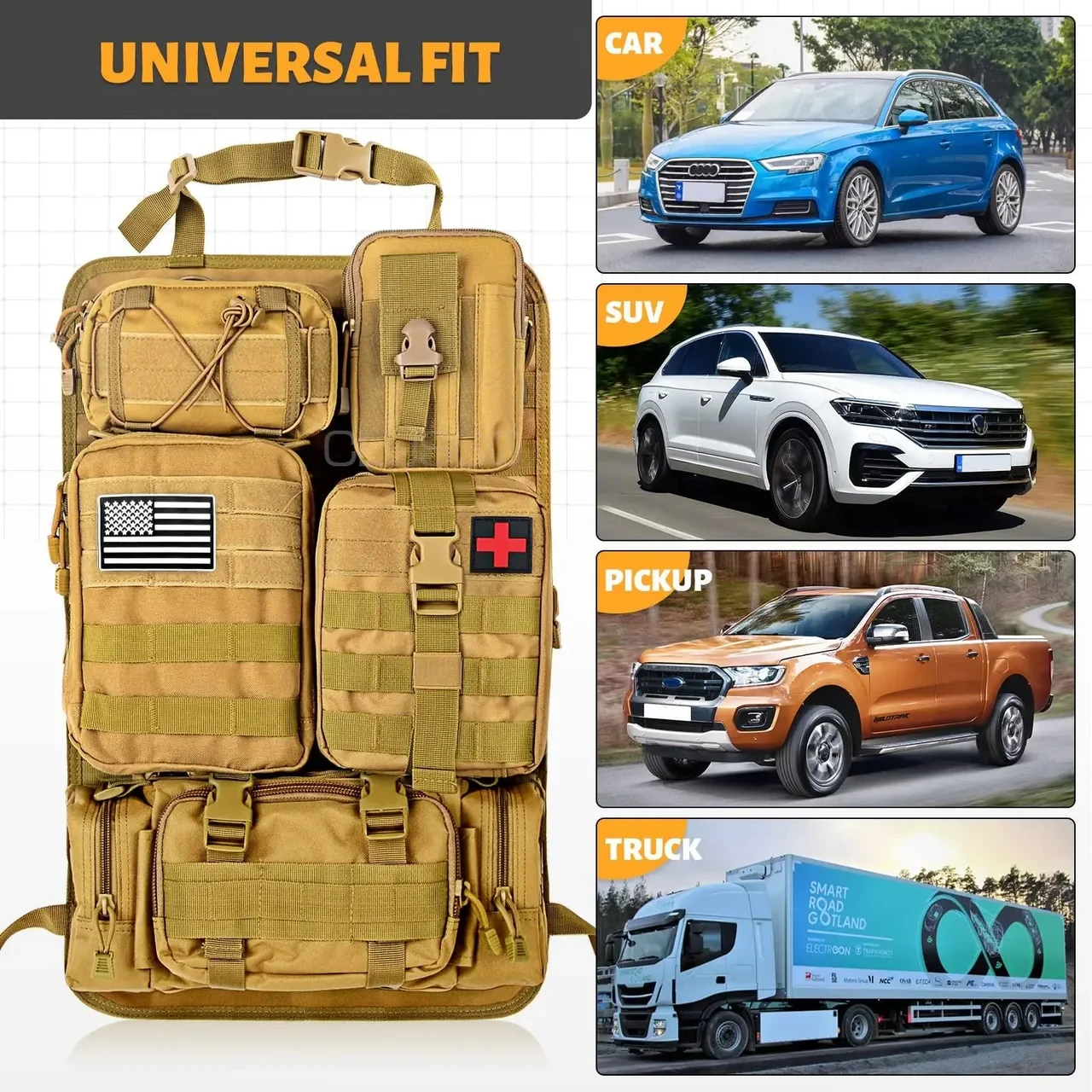 Organizador táctico para asiento trasero de coche + 5 bolsas Molle
