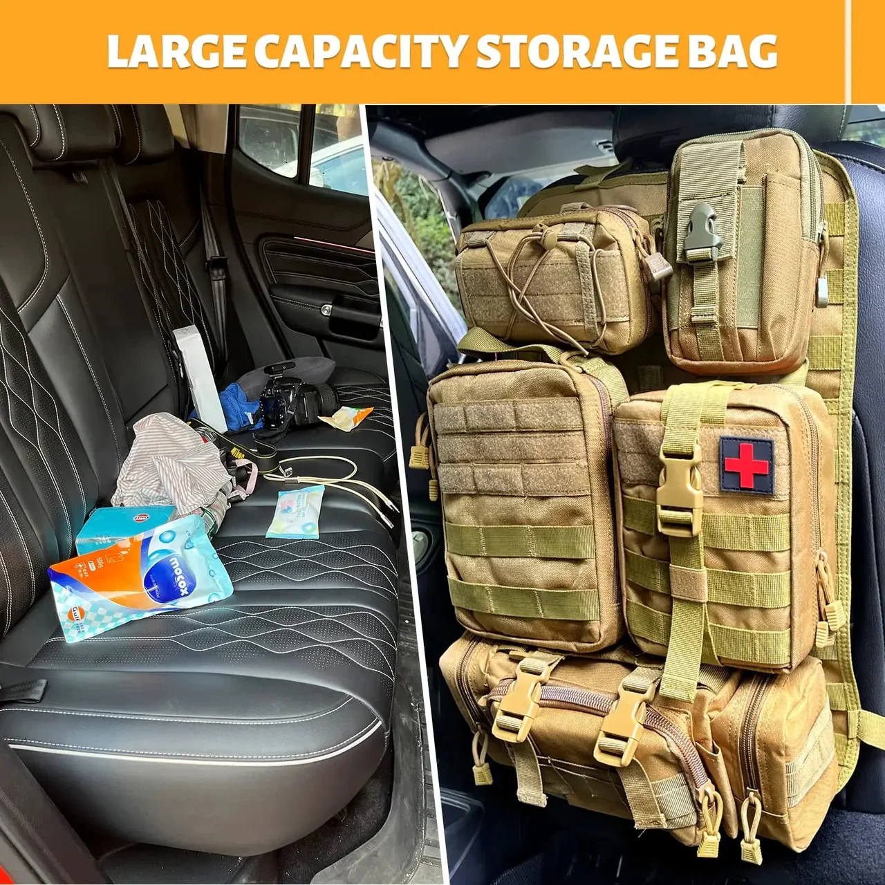 Organizador táctico para asiento trasero de coche + 5 bolsas Molle