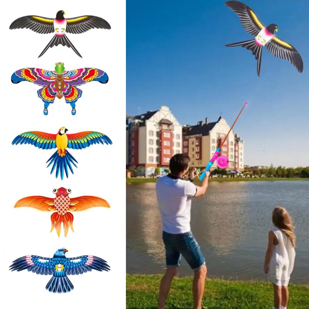 Cometa infantil de juguete con diseño de águila y mariposa, plegable, con freno de mano y caña de pescar.