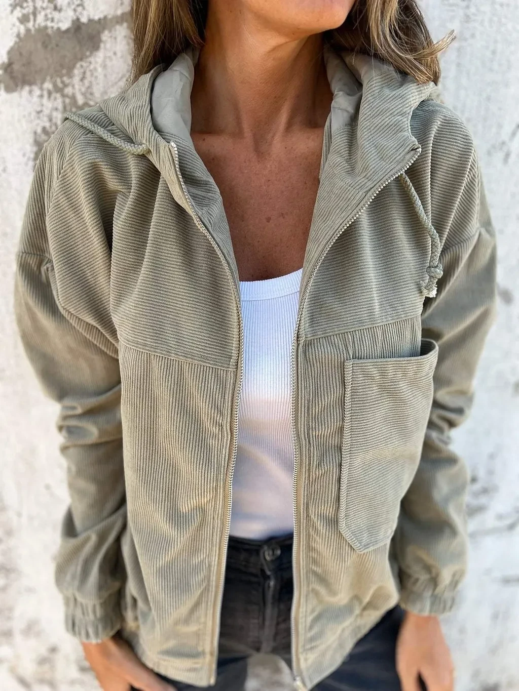 Chaqueta de pana con capucha, cremallera y bolsillos, estilo informal, con cordón, ropa de abrigo para mujer