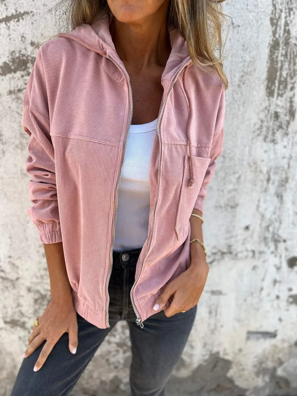 Chaqueta de pana con capucha, cremallera y bolsillos, estilo informal, con cordón, ropa de abrigo para mujer