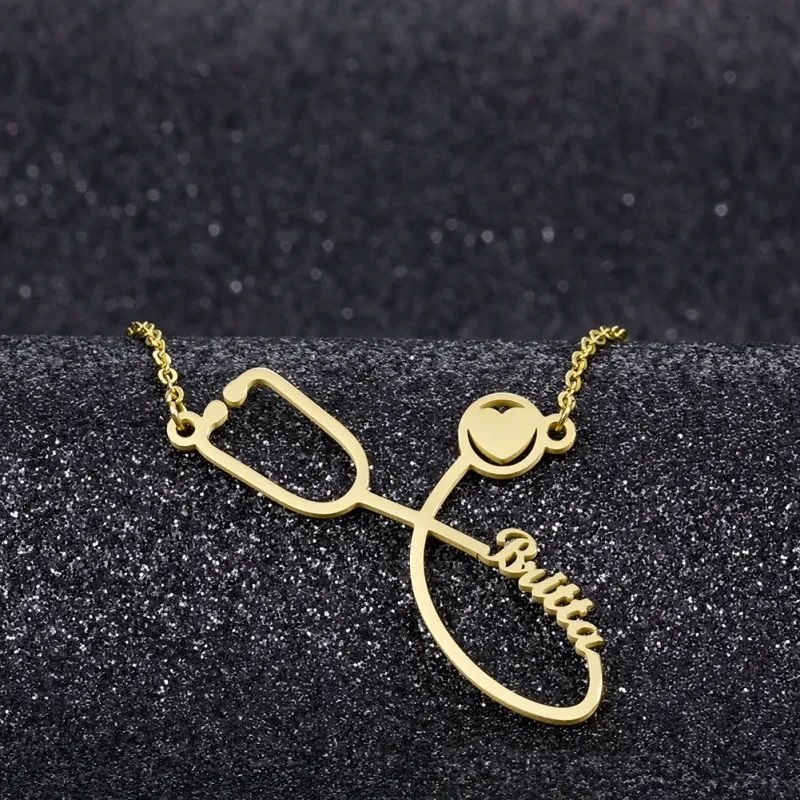 Collar con nombre de estetoscopio de acero inoxidable personalizado para mujer, regalo de joyería