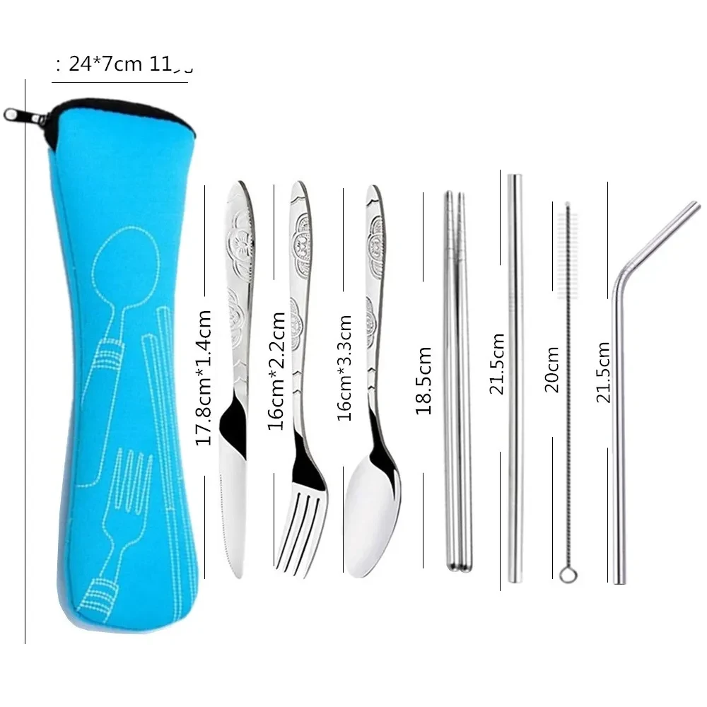 Juego de cubiertos de acero inoxidable de viaje, con cuchillo, tenedor, cuchara y palillos, juego de pajitas de siete piezas.
